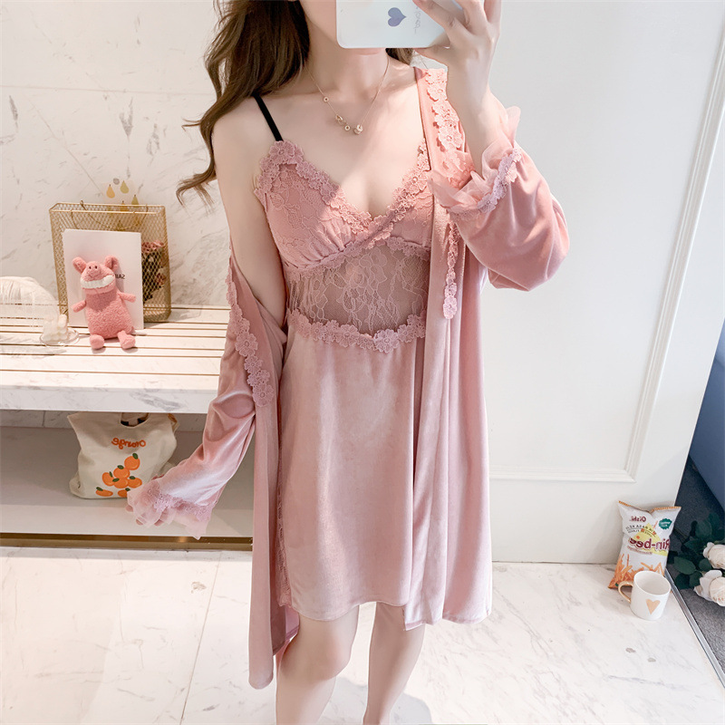 Velvet nightgown sling pajamas 2pcs set