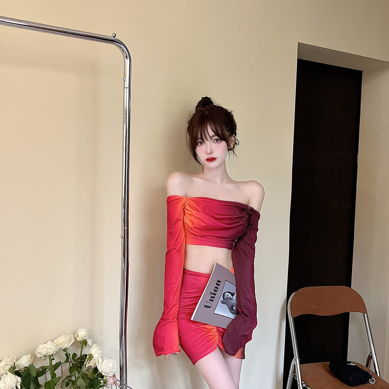 Autumn fashion tops long sleeve tie dye short skirt 2pcs set