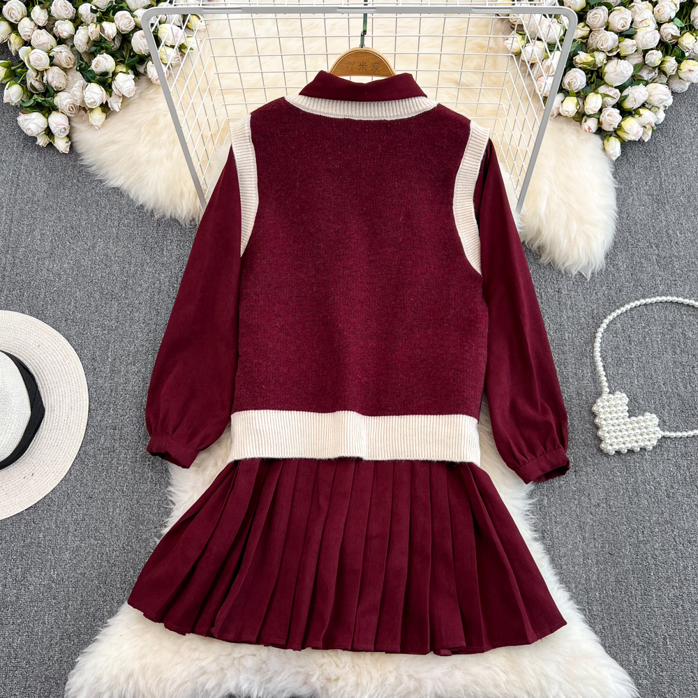 College style knitted dress pleated coat 2pcs set
