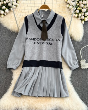 College style knitted dress pleated coat 2pcs set