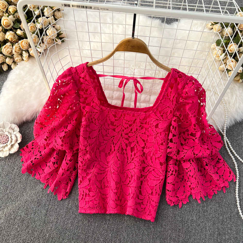 Crochet short sleeve square collar tops lace short shirt