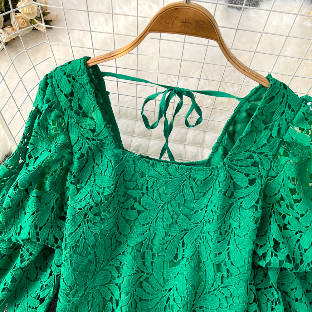 Crochet short sleeve square collar tops lace short shirt