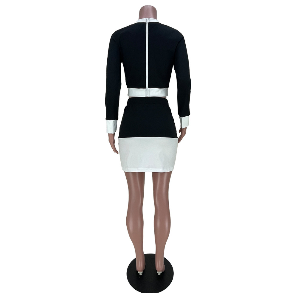 Black-white tops collocation buckle skirt 2pcs set