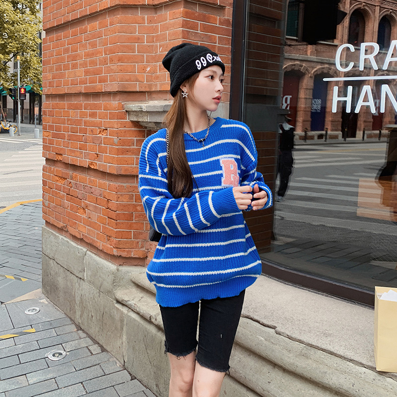 Korean style letters pullover stripe long sleeve sweater