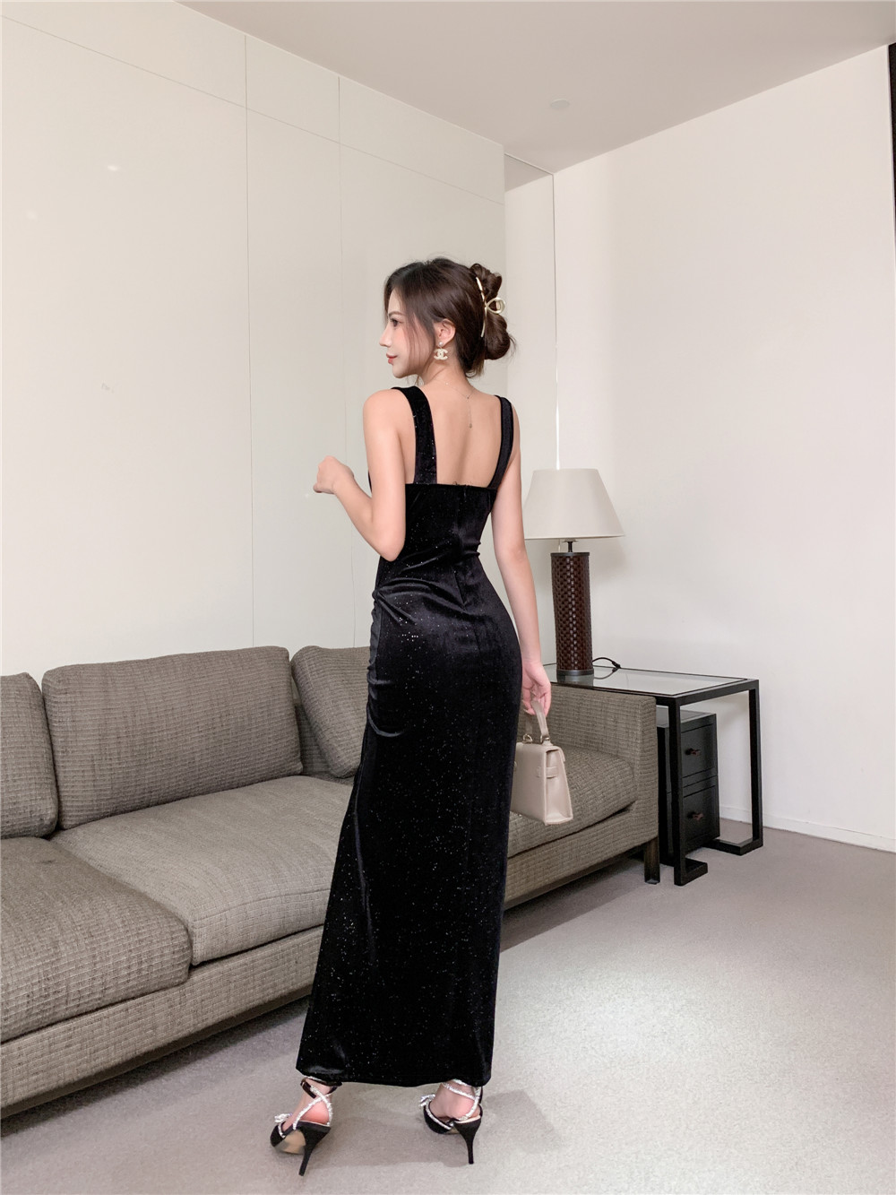 Low-cut sexy long formal dress sling high slit dress