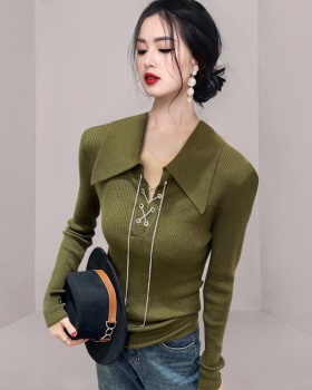 Lapel chain long sleeve all-match slim sweater for women