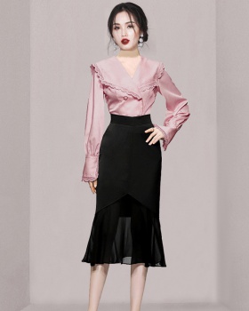 Double-breasted fashion skirt slim large lapel shirt a set