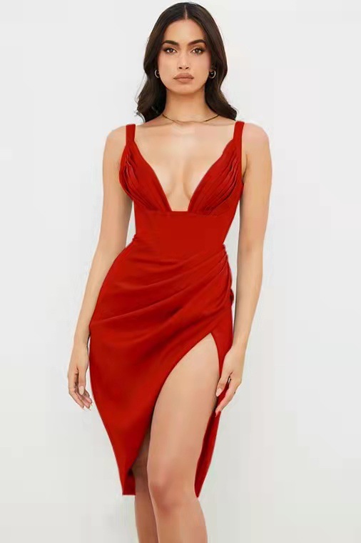 Sling sexy European style slit pure dress for women