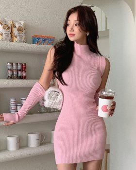 Half high collar Korean style T-back knitted autumn dress