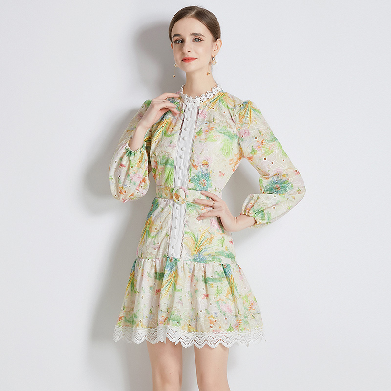 Embroidery autumn long sleeve dress European style printing T-back