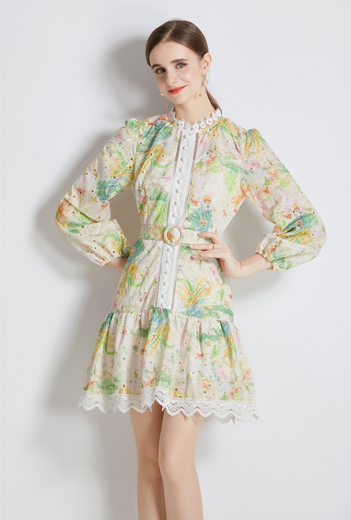 Embroidery autumn long sleeve dress European style printing T-back