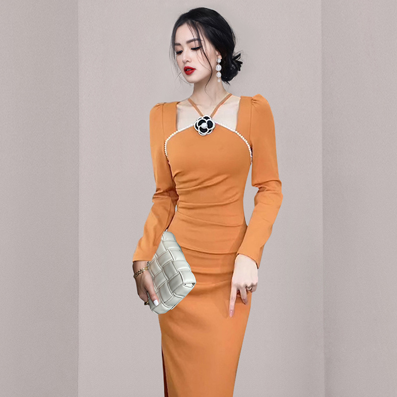 Slim fashion package hip fold sweet autumn dress