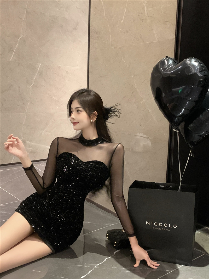 Gauze package hip autumn and winter sequins sexy dress