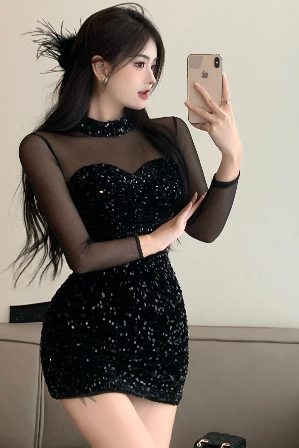 Gauze package hip autumn and winter sequins sexy dress