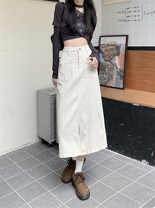 Irregular long slit skirt apricot high waist jeans