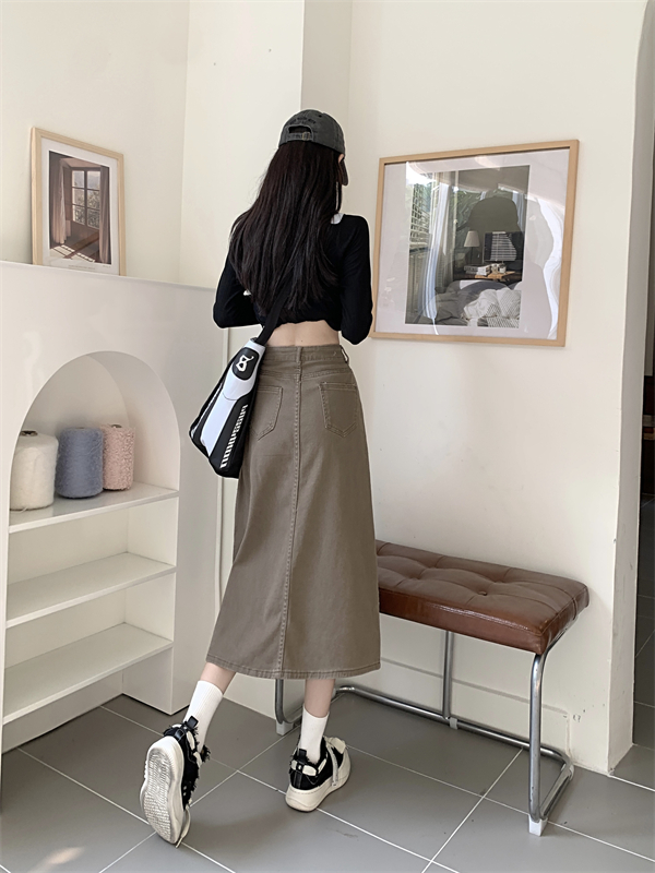 Irregular long slit skirt apricot high waist jeans