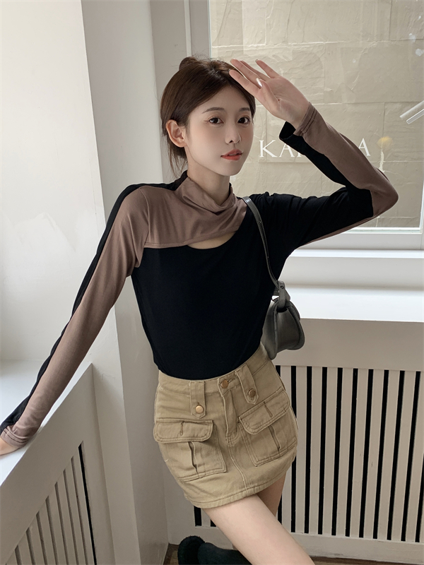 Long sleeve splice tops mixed colors bottoming T-shirt