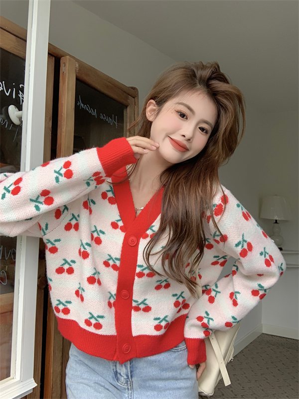 Cherry autumn cardigan knitted mixed colors coat