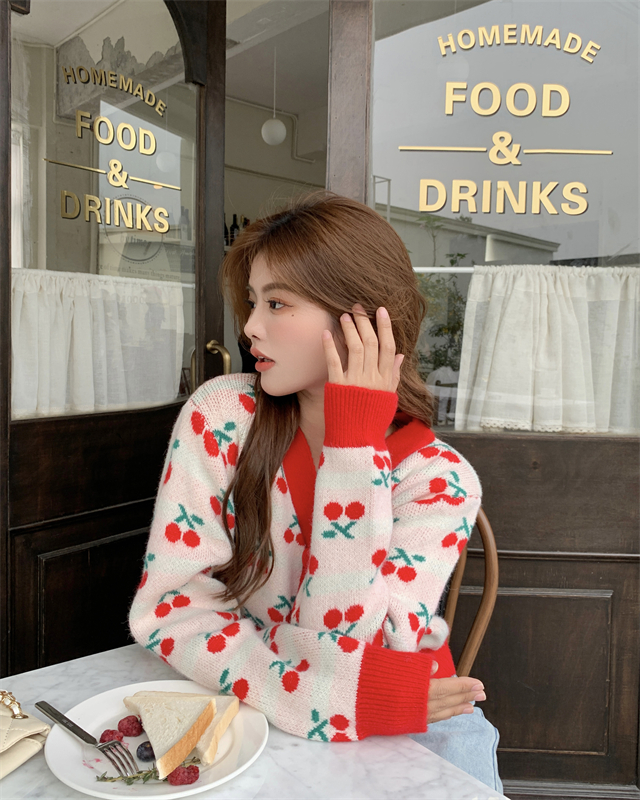 Cherry autumn cardigan knitted mixed colors coat