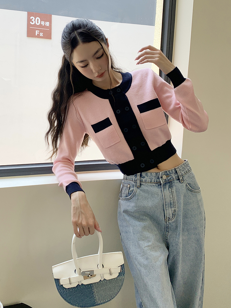 Double-breasted knitted jacket long sleeve sweater