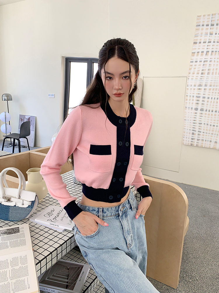 Double-breasted knitted jacket long sleeve sweater