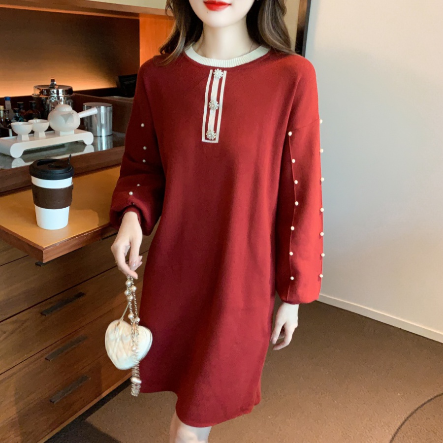 Beading straight long autumn and winter Western style dress