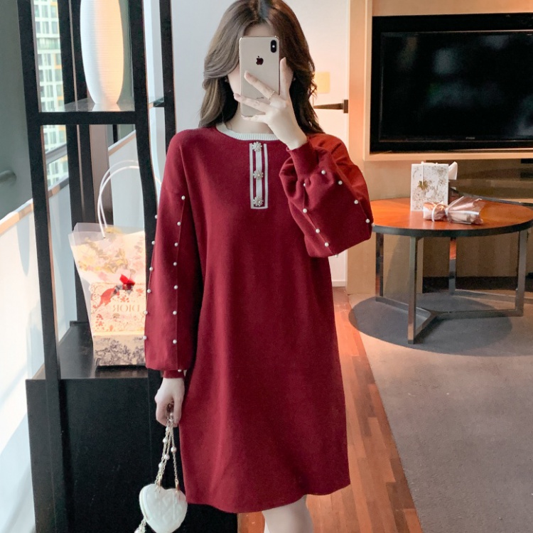 Beading straight long autumn and winter Western style dress