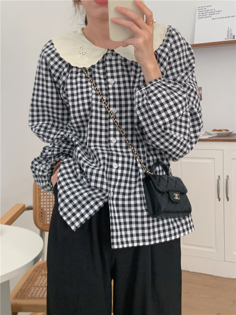 Lovely splice embroidered flowers plaid sweet shirt