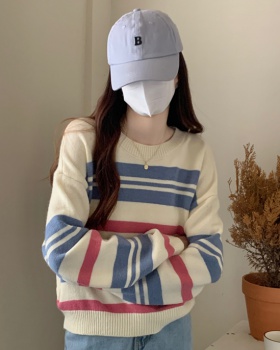 Stripe pullover tops round neck cashmere sweater for women