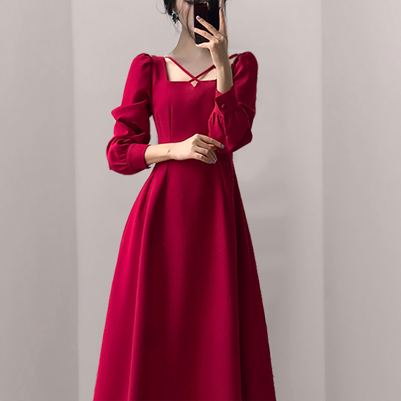 France style wedding red square collar dress for women