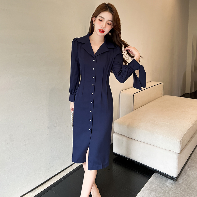 Single-breasted pinched waist ladies temperament dress