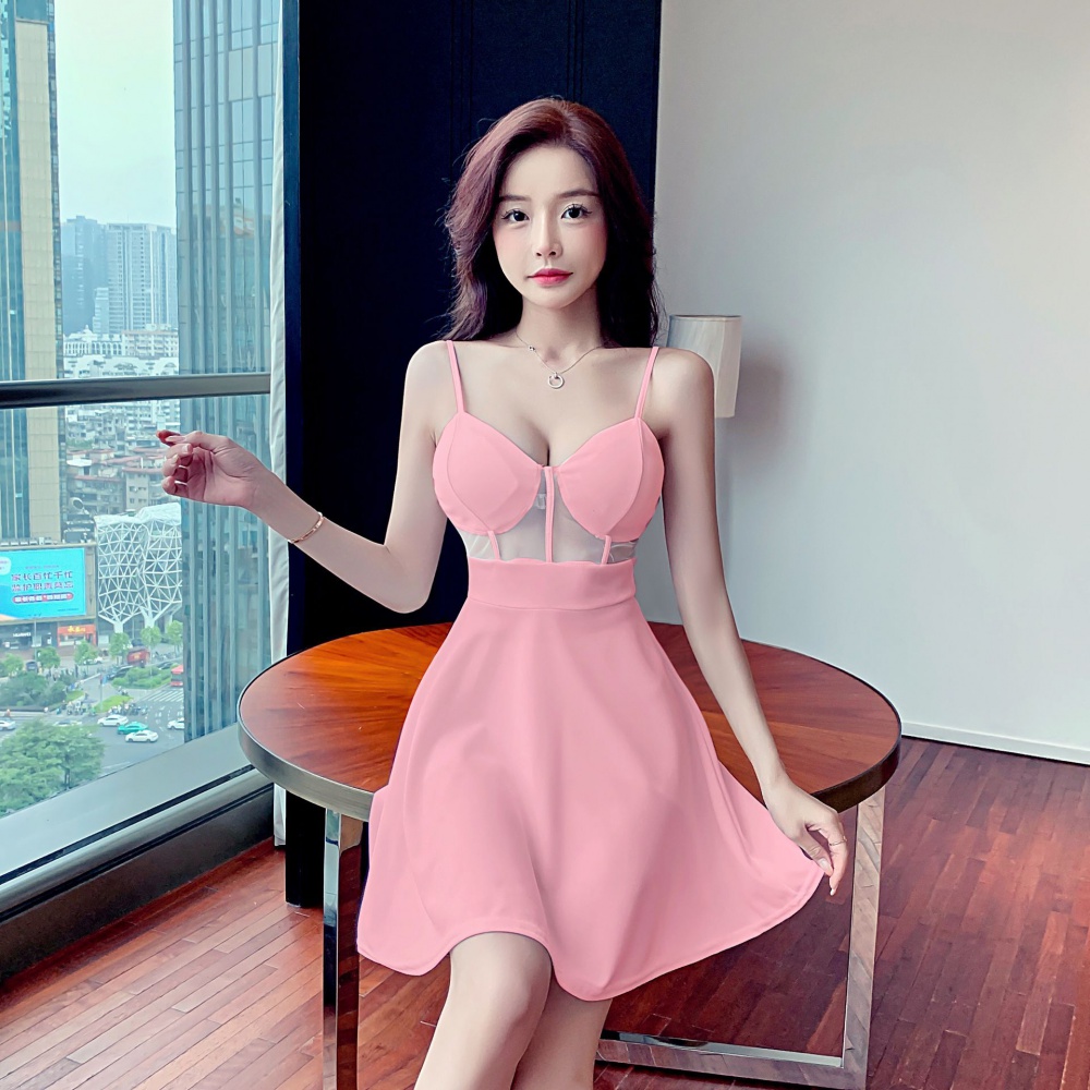 Splice gauze sexy perspective strapless hollow sling dress