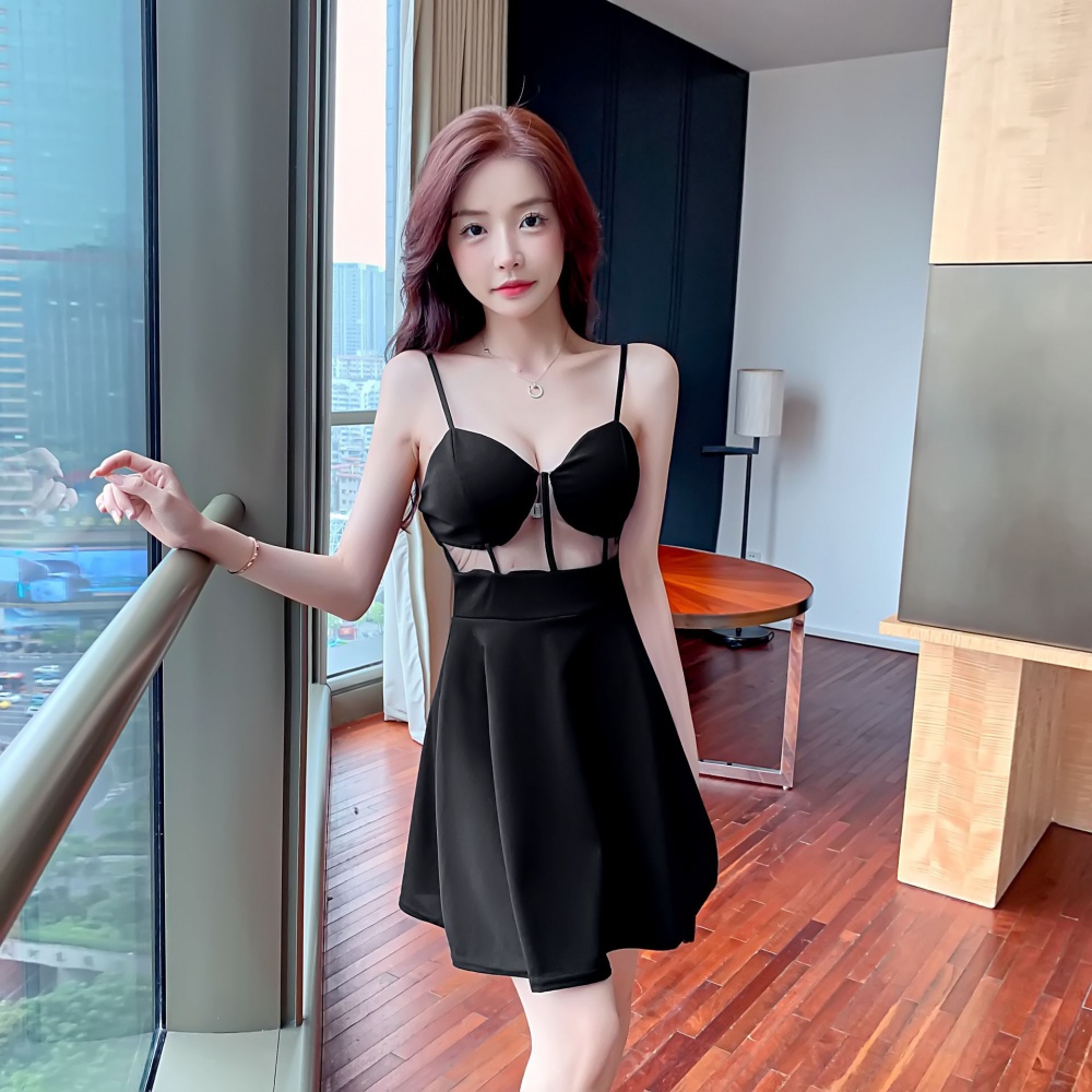 Splice gauze sexy perspective strapless hollow sling dress