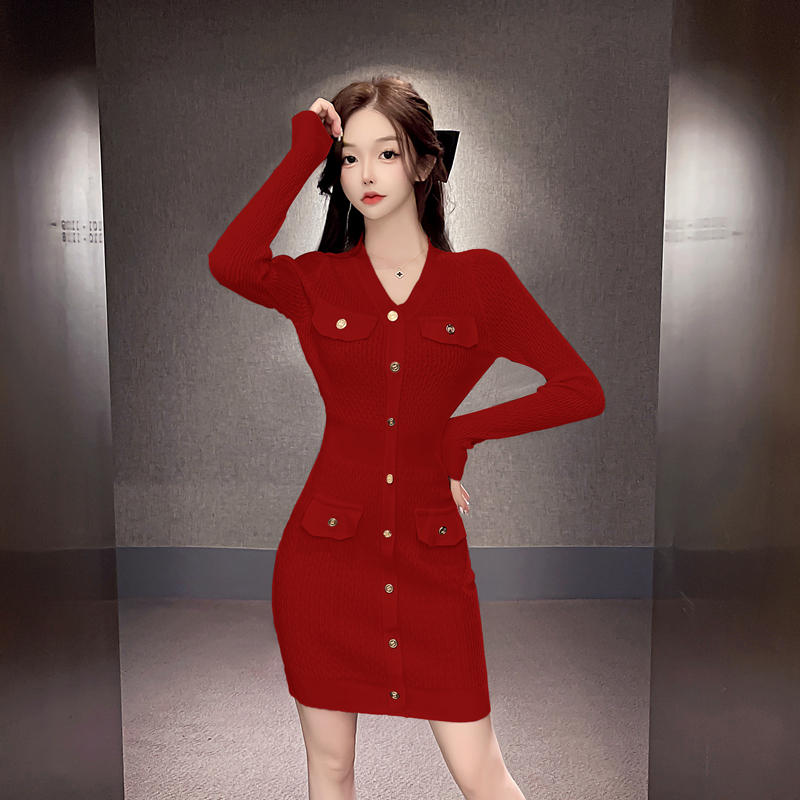 Elegant temperament simple sexy V-neck knitted dress for women