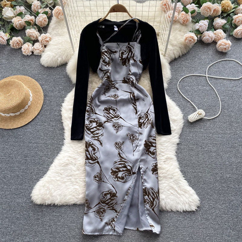 Split short cardigan printing dress 2pcs set for women