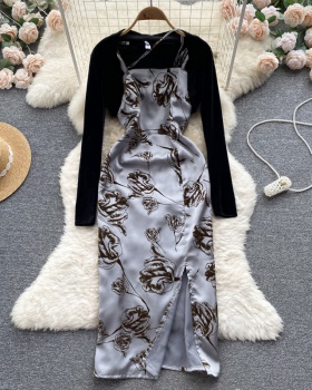 Split short cardigan printing dress 2pcs set for women