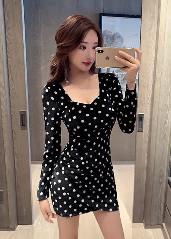 Sexy polka dot slim long sleeve nightclub dress for women