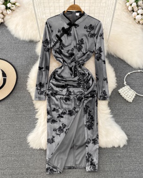 Rose printing gray cheongsam velvet split slim dress