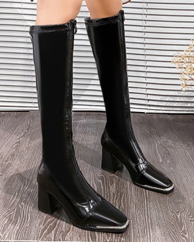 Square head elasticity boots front zip thigh boots for women