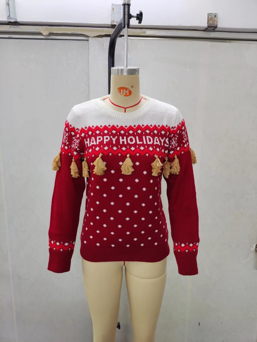 Red temperament long sleeve round neck sweater for women