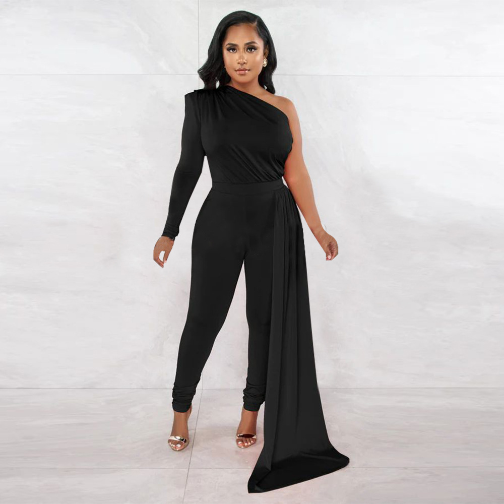 European style sloping shoulder pure fold jumpsuit for women