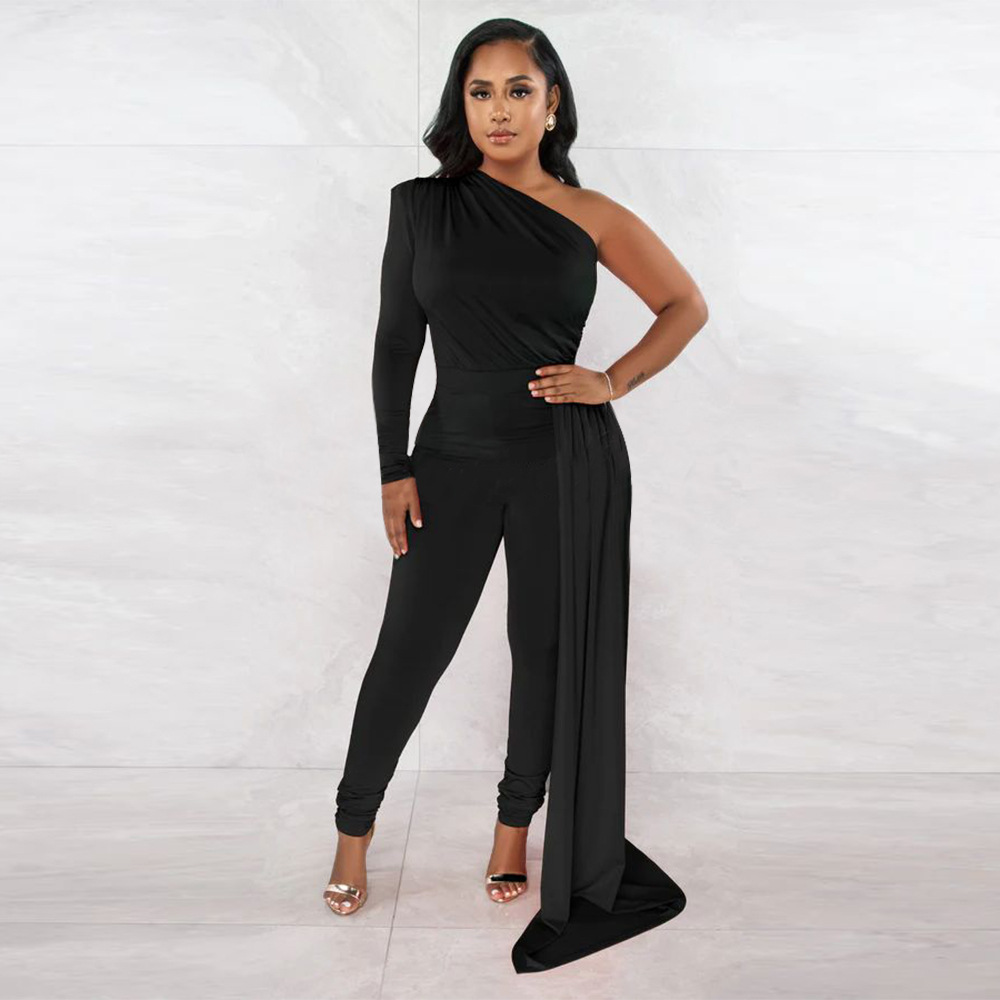 European style sloping shoulder pure fold jumpsuit for women