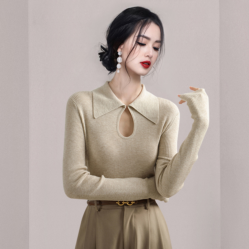 Bottoming elegant tops lapel fashion sweater for women