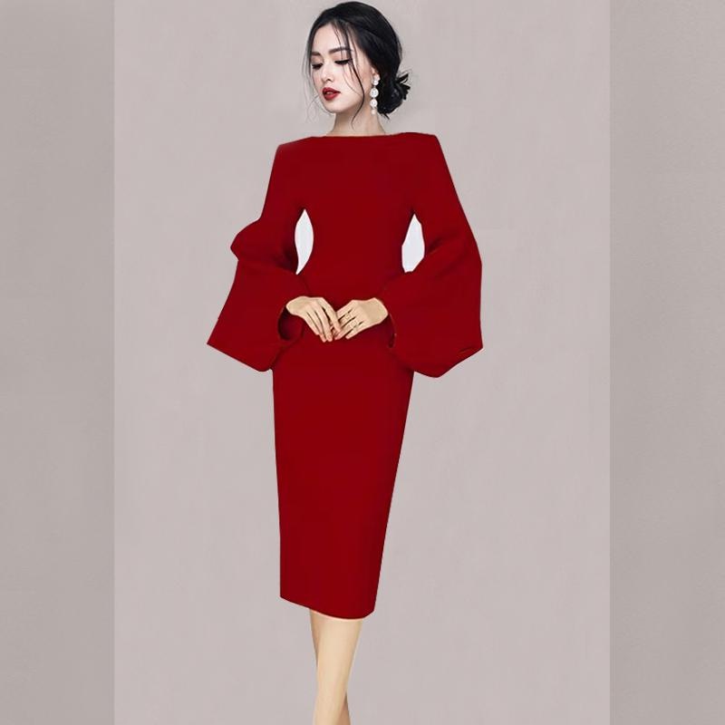 Red long sleeve evening dress autumn dress