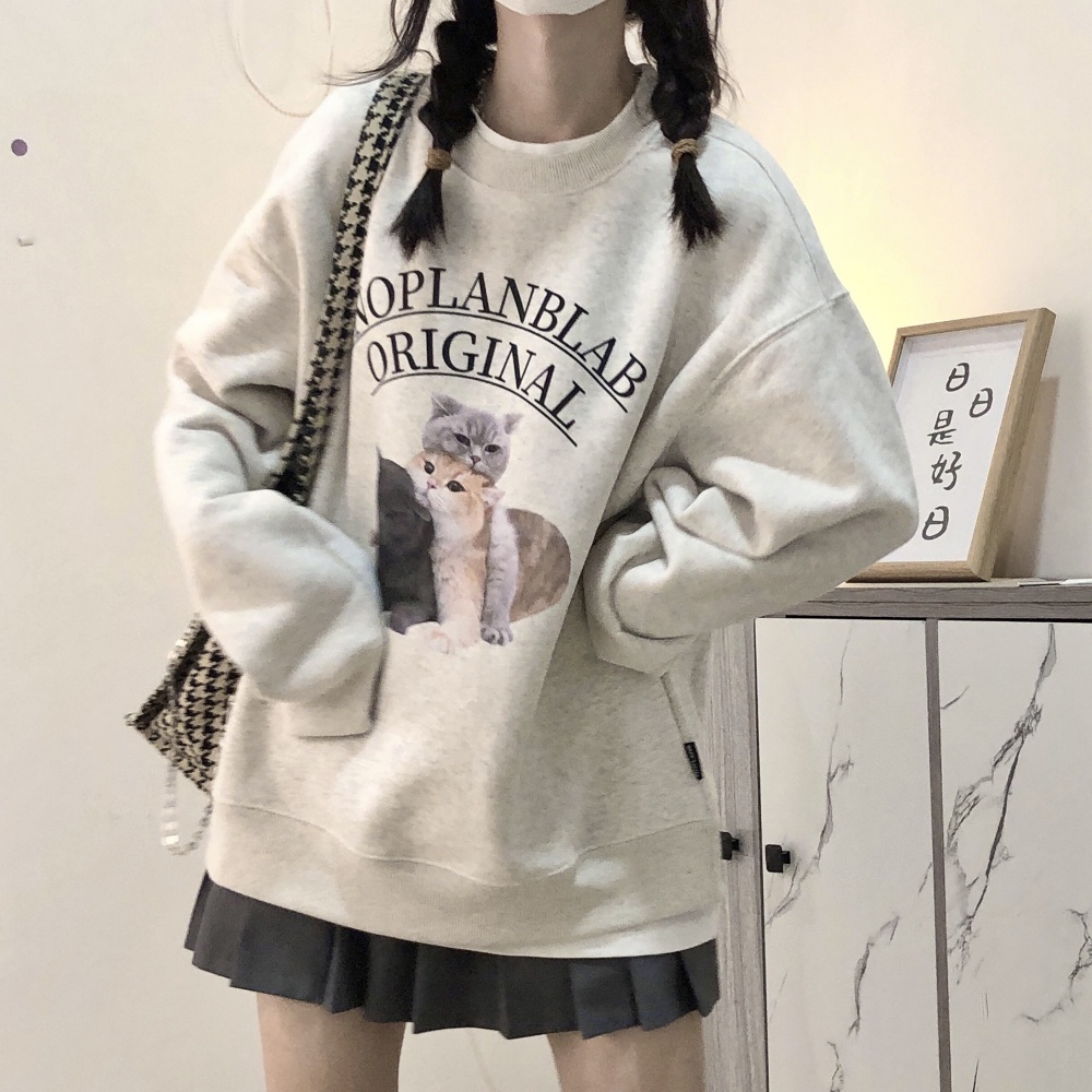 Cotton antique silver round neck student loose hoodie