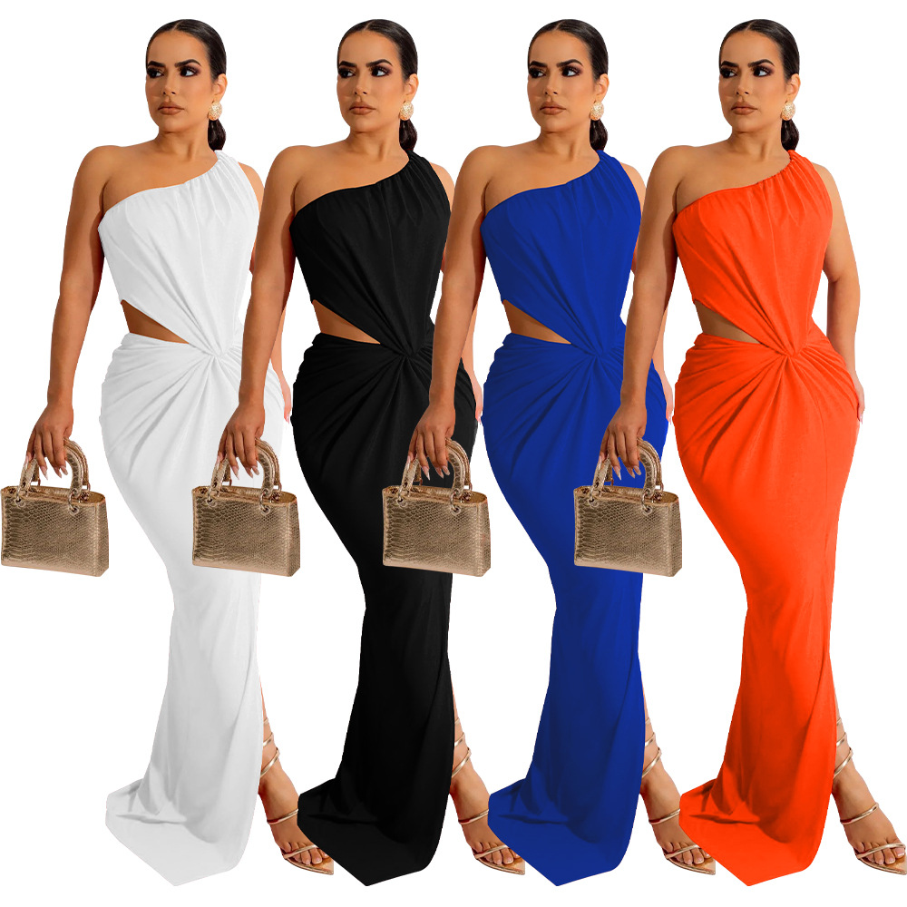 Sloping shoulder dress multicolor long dress for women