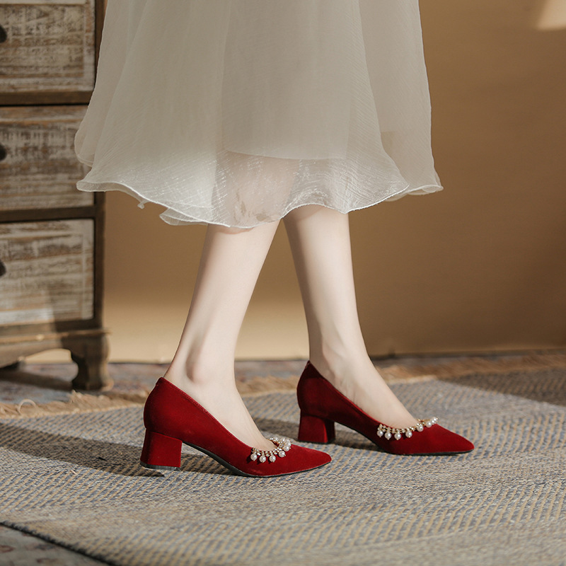 Thick red high-heeled shoes bride wedding shoes