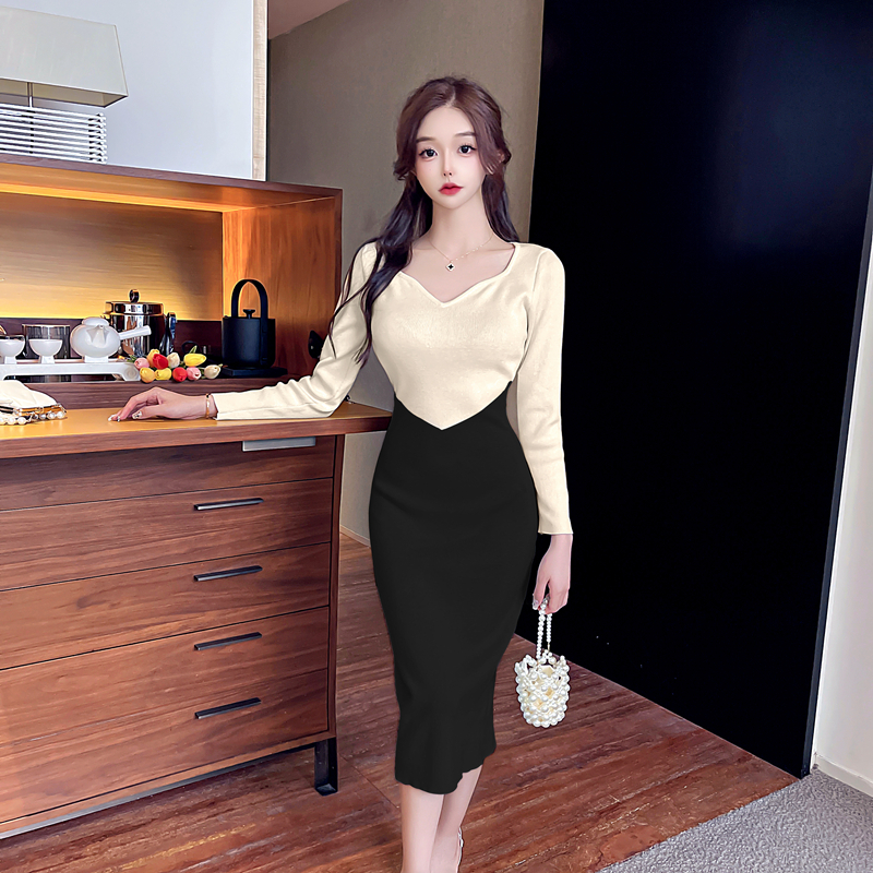 Pinched waist Pseudo-two slim temperament dress for women