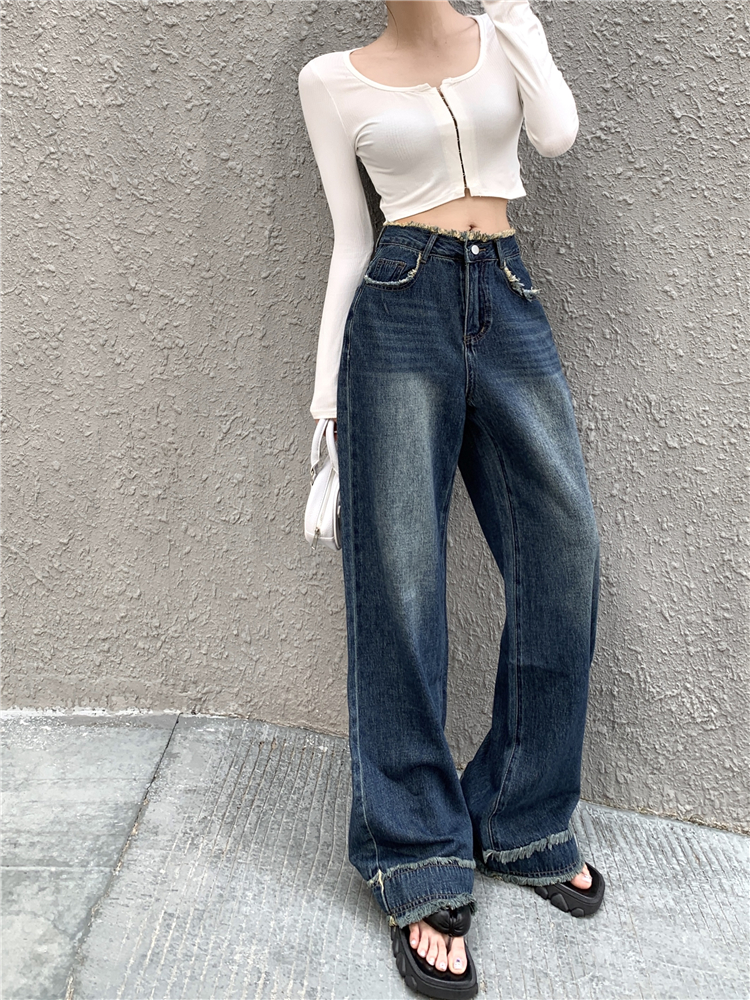 Burr straight loose jeans high waist mopping retro pants