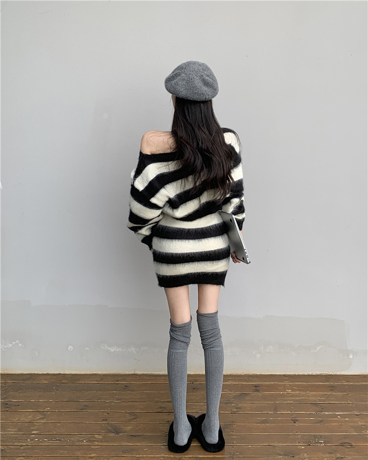 Stripe spicegirl short skirt short pullover sweater 2pcs set